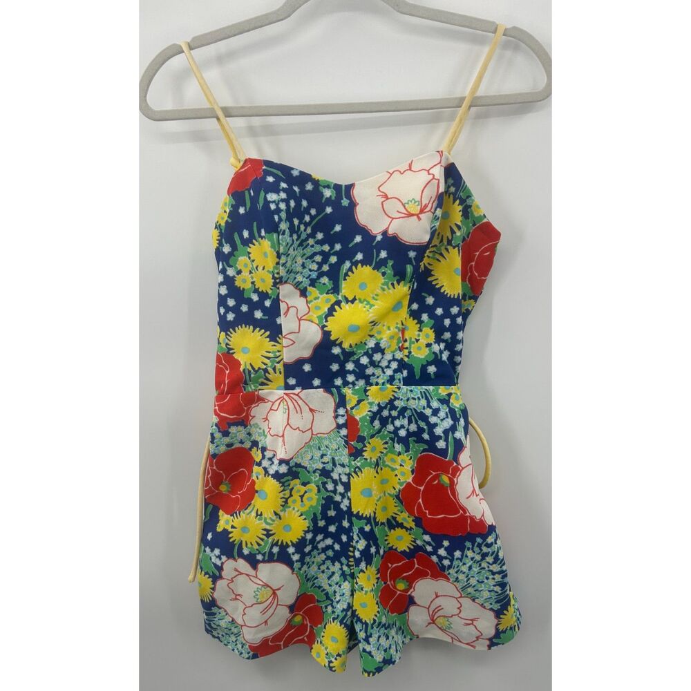 Vtg Playsuit Romper Brown Floral Mod Art Deco 60s 70's Retro Pinup Beach Flawed